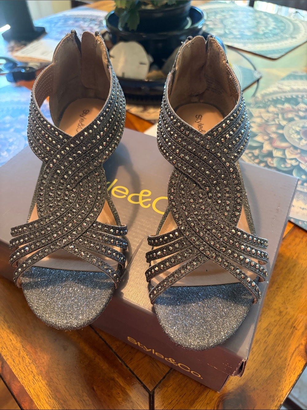 Style & Co. Pewter Crystal-Strap Heeled Sandals